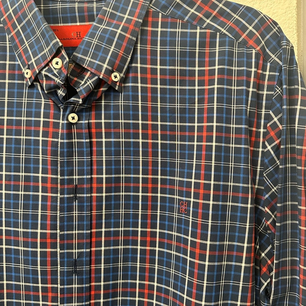 Carolina Herrera, Men’s Blue and Red Casual Button Down Shirt, Size 16.5